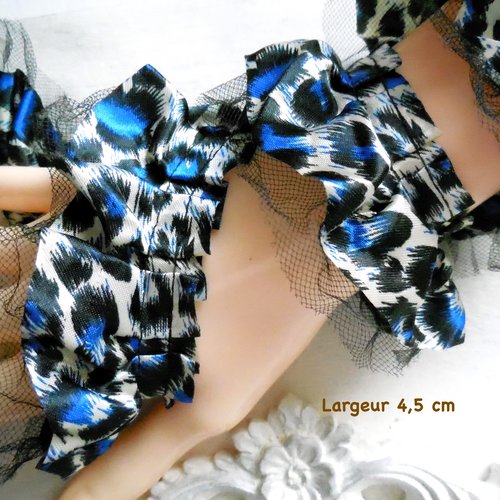 265 cm de ruban plissé 2 rangs- satin et tulle imprimé léopard - gris noir bleu