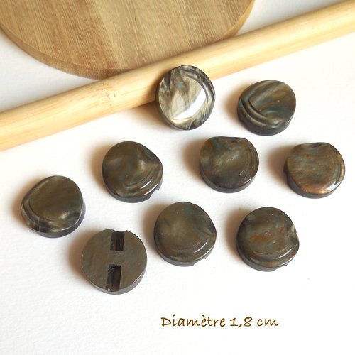 9 boutons ronds vintage marrons aspect marbré vert - 18 mm
