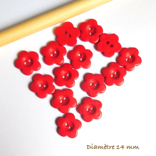 14 boutons ronds rouges - forme fleurs - 14 mm