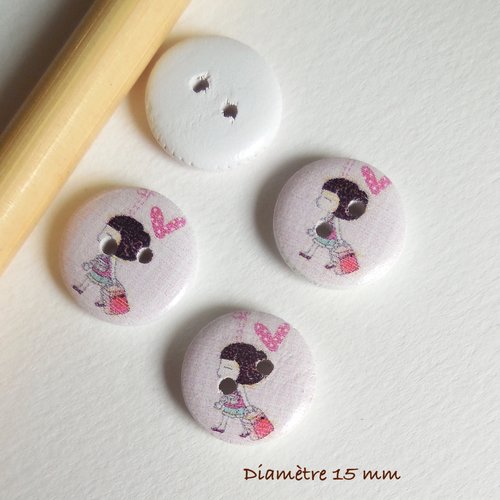 4 boutons ronds bois léger scrapbooking - motif fillette japonaise