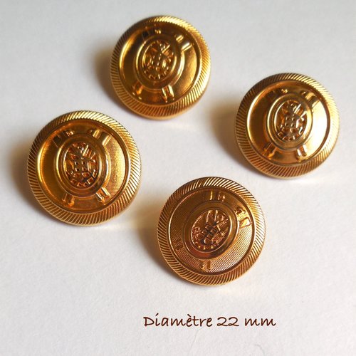 4 boutons ronds - métal doré motif ancre marine - 22 mm