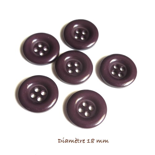 6 boutons ronds couleur prune - 18 mm