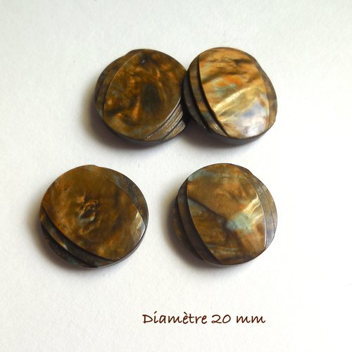4 boutons ronds vintage marrons aspect marbré vert - 20 mm