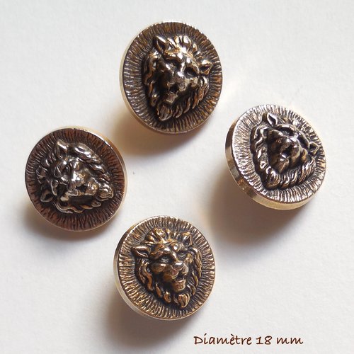 4 boutons ronds vintage tête de lion - synthétique aspect métal doré - 18 mm