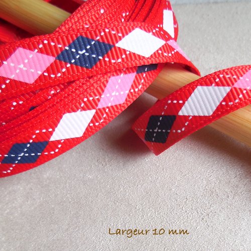 Ruban gros grain rouge motifs losanges - 10 mm