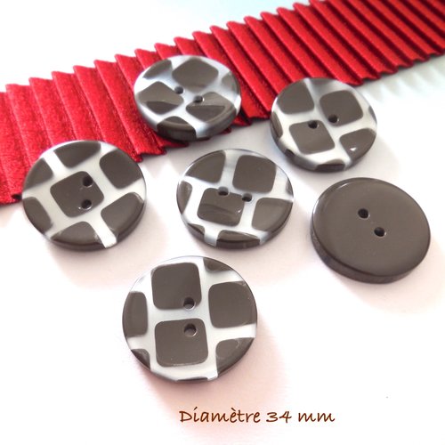 6 boutons ronds gris foncé et argenté - 35 mm