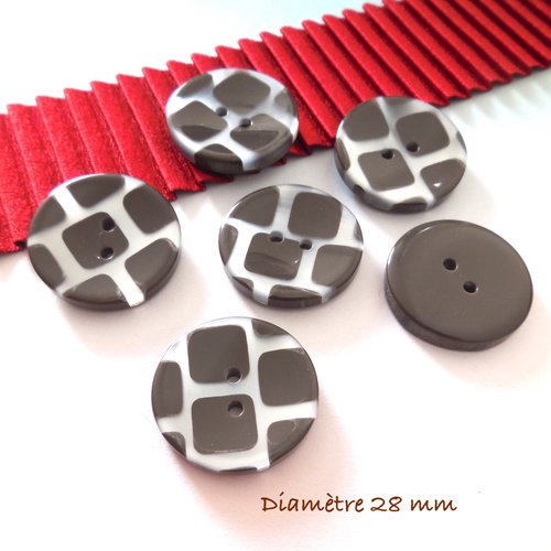 6 boutons ronds gris fondé et argenté - 28 mm