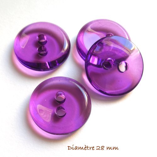 4 boutons ronds transparents - couleur violet - 28 mm