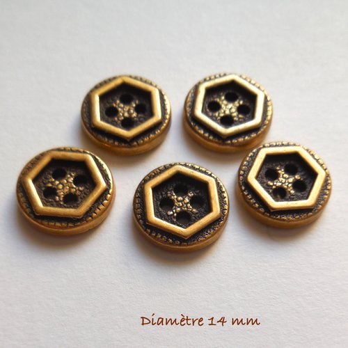 5 boutons ronds dorés aspect métal - 14 mm