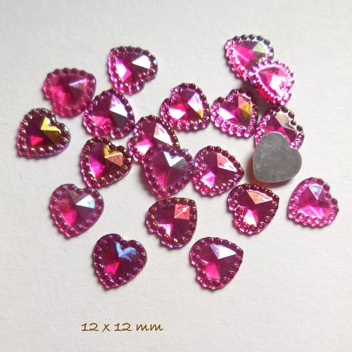 20 cabochons coeurs roses - strass coeurs roses fuschia