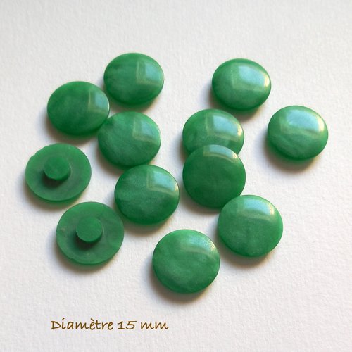 12 boutons ronds couleur verte - 15 mm
