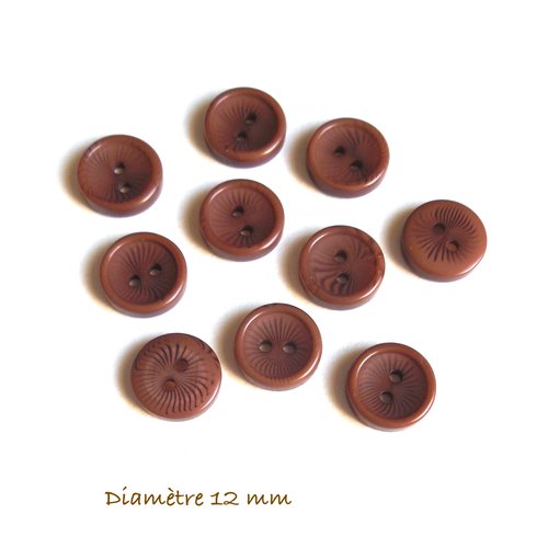 10 boutons ronds fantaisie - couleur marron - 12 mm