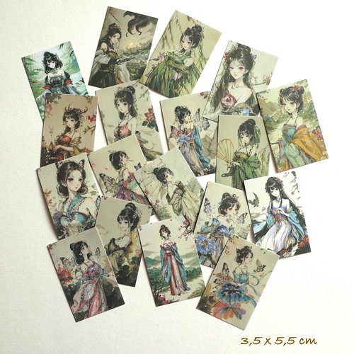 18 stickers tags autocollants - motifs jeunes filles geisha fantasy