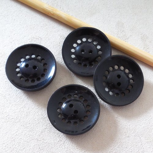 4 boutons ronds noirs vintage - 30 mm