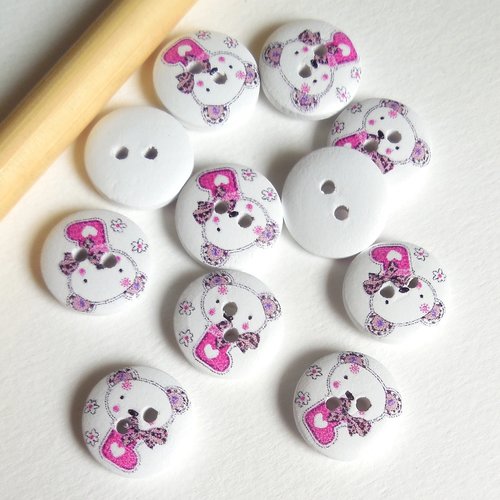11 boutons en bois motif ourson