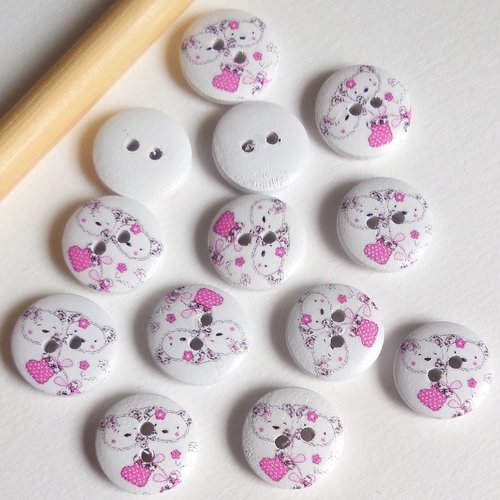 13 boutons en bois motif ourson