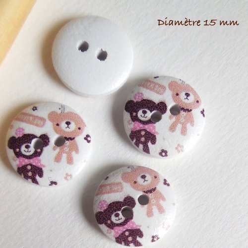 4 boutons en bois motif ourson