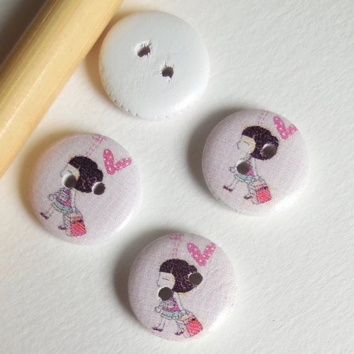4 boutons en bois motif fillette japonaise
