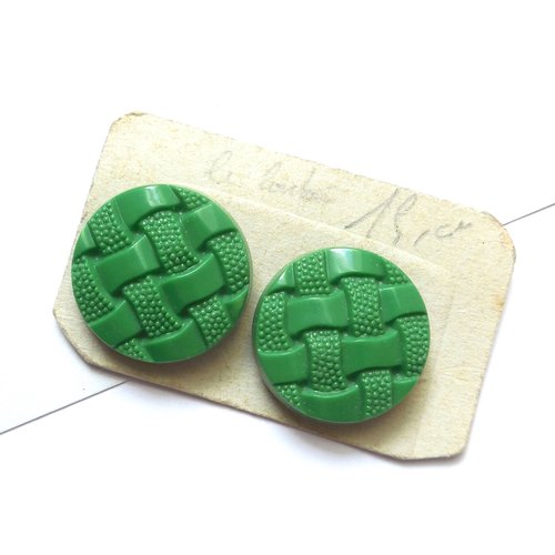 2 boutons anciens verts aspect tressé - 20 mm