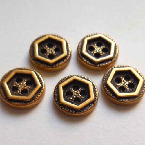 5 boutons ronds dorés aspect métal - 14 mm