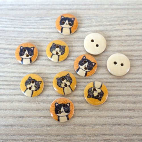 10 boutons ronds en bois motif chat - 15 mm