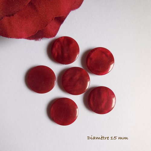 6 boutons ronds - résine acrylique rouge bordeaux nacré - 15 mm