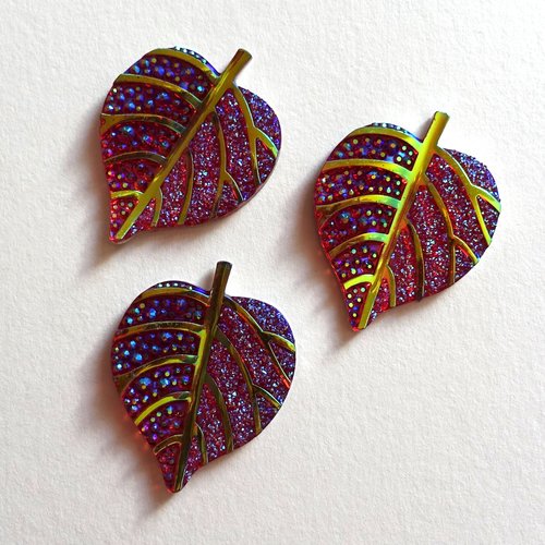 3 cabochons embellissements - forme feuille rouge et or
