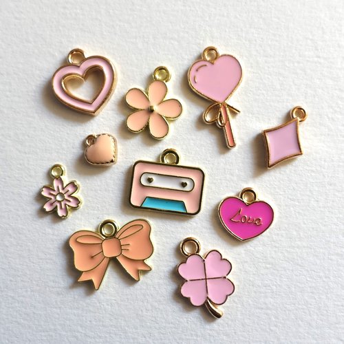 Lot de 10 pendentifs en métal émaillé - loisirs créatifs - création bijoux