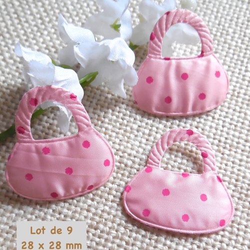 9 embellissements tissu forme sac à main - rose à pois fuschia - 28 x 28 mm