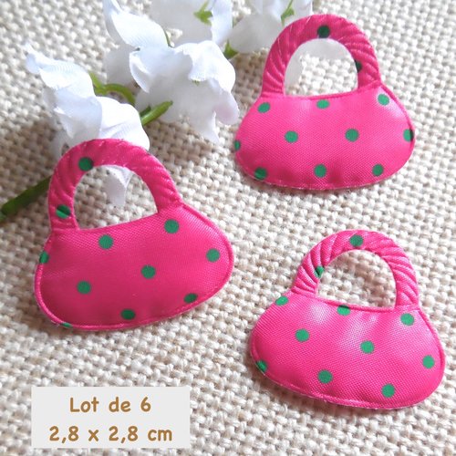 6 embellissements tissu forme sac à main - fuchsia à pois verts - 28 x 28 mm