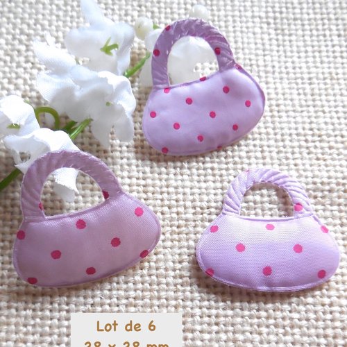 6 embellissements tissu forme sac à main - mauve à pois fuchsia - 28 x 28 mm
