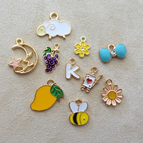 Lot de 10 pendentifs en métal émaillé - loisirs créatifs - création bijoux