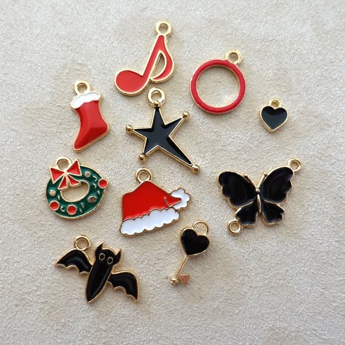 Lot de 10 pendentifs en métal émaillé - loisirs créatifs - création bijoux