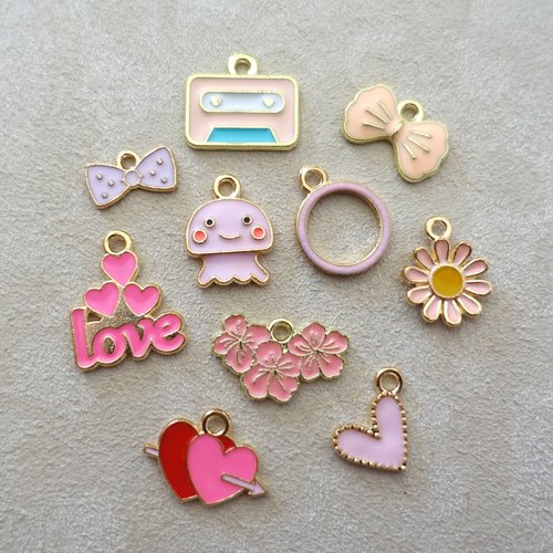 Lot de 10 pendentifs en métal émaillé - loisirs créatifs - création bijoux