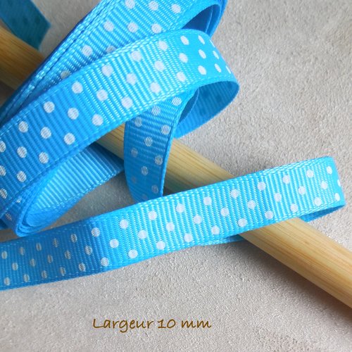 1,98 mètre de ruban gros grain - fond bleu à pois blancs - largeur 10 mm