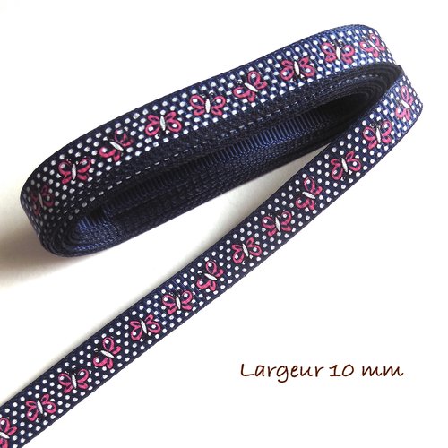 4,52 mètres de ruban gros grain - motifs papillons et pois sur fond bleu marine