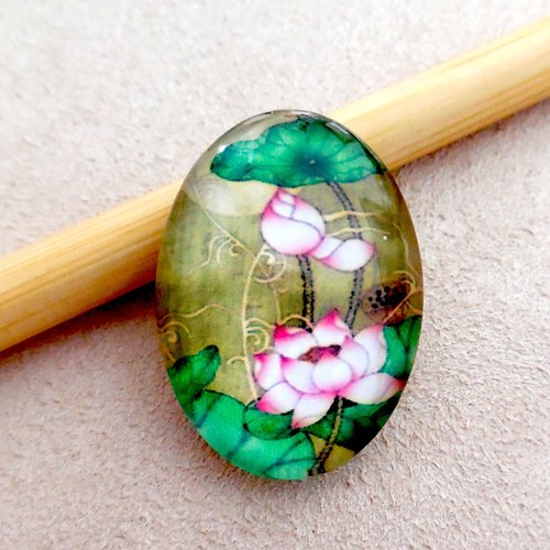 Cabochon verre ovale - motif floral nénuphar