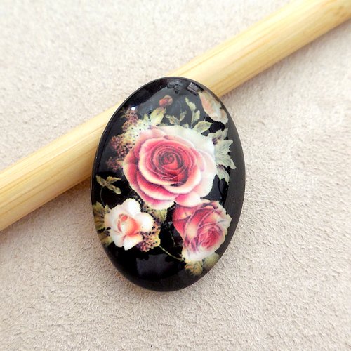 Cabochon verre ovale - motif floral roses