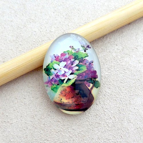 Cabochon verre ovale - motif floral violettes