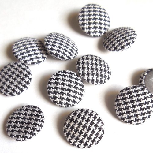 11 boutons vintage alu recouvert de tissu - 14 mm - motif pied de poule