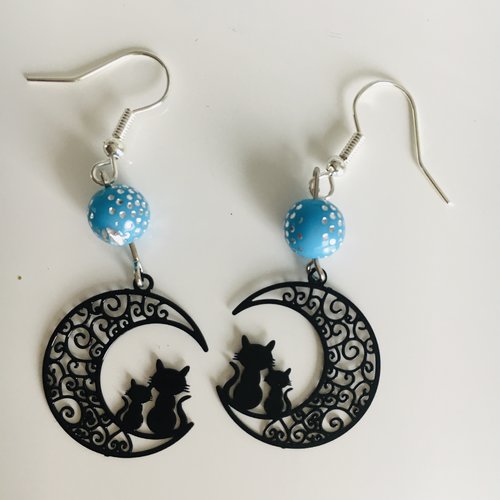 Boucles d’oreilles chat lune bleu