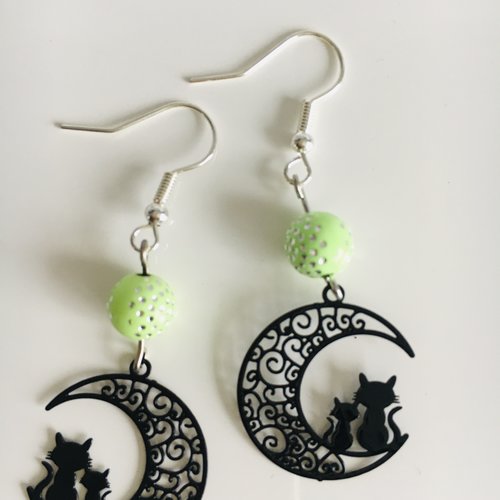 Boucles d’oreilles chat lune vert