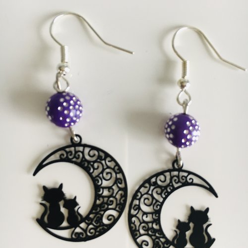 Boucles d’oreilles chat lune violet