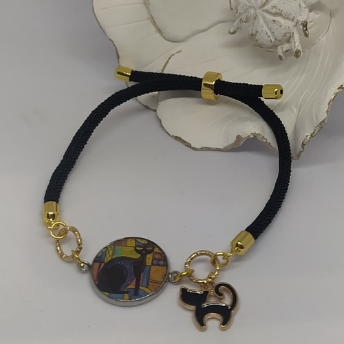 Bracelet chat sur cordon noir