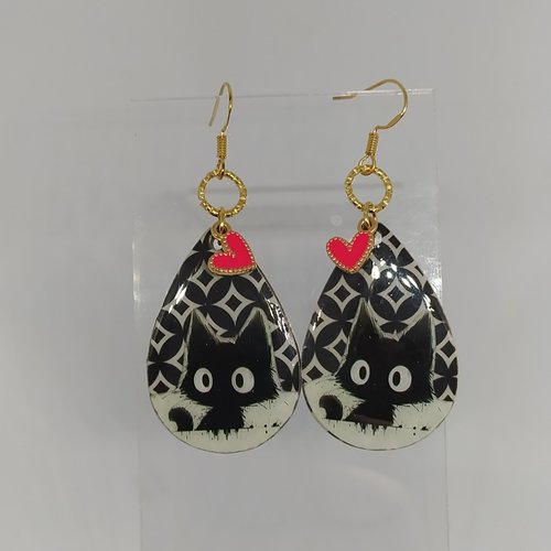 Boucles d'oreille chat, noir et blanc