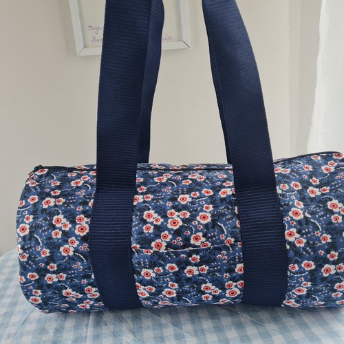 Sac polochon - fleuri bleu - fait main