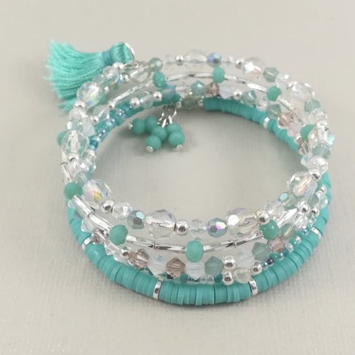 Bracelet multirang en perles, ton turquoise