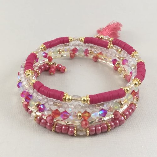 Bracelet multirang en perles, ton rouge framboise
