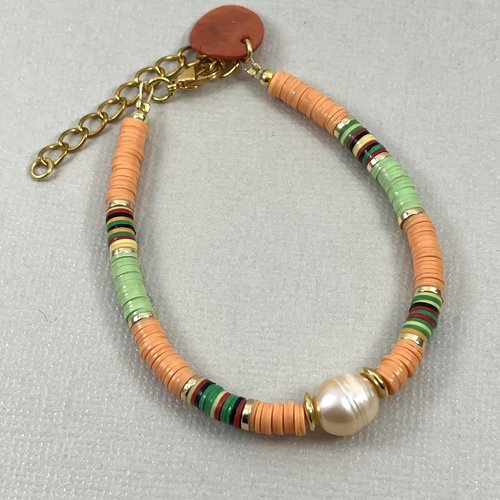 Bracelet en perles heishi, type surfeur, ton orange et vert anis