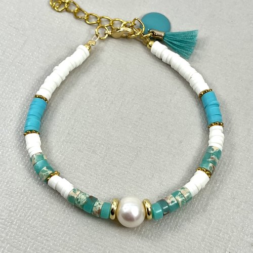 Bracelet en perles heishi, type surfeur, ton turquoise